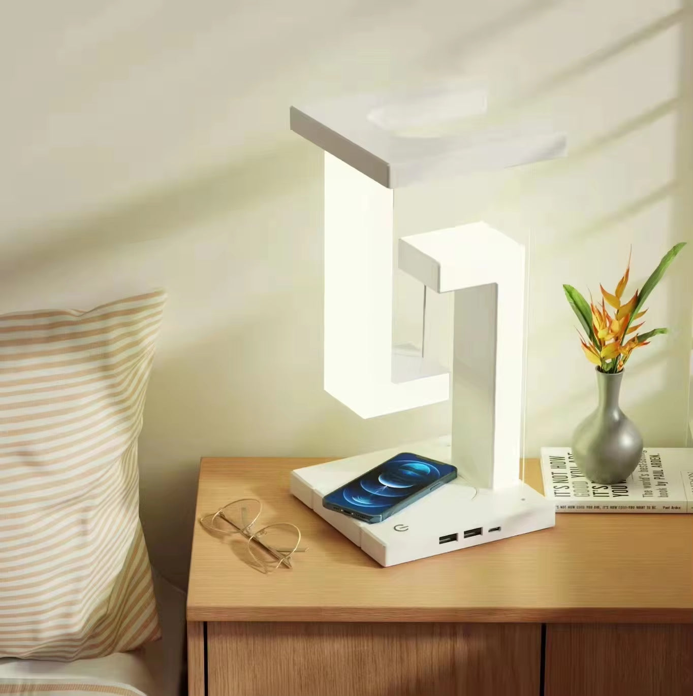 LED Suspending Anti-Gravity Night Light with 10W Wireless Charger Desk Lamp Dimmable Table Light for Bedroom Bedside Decor Light
