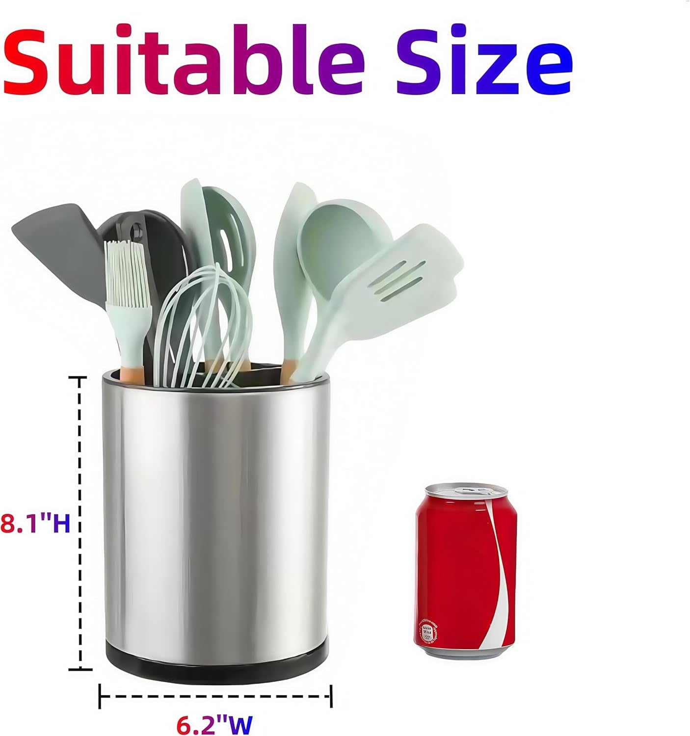 Extra Large 360° Rotating Kitchen Utensil Holder - Stainless Steel Counter Organizer with 3 Compartments for Cooking Utensils and Flatware (Silver)
