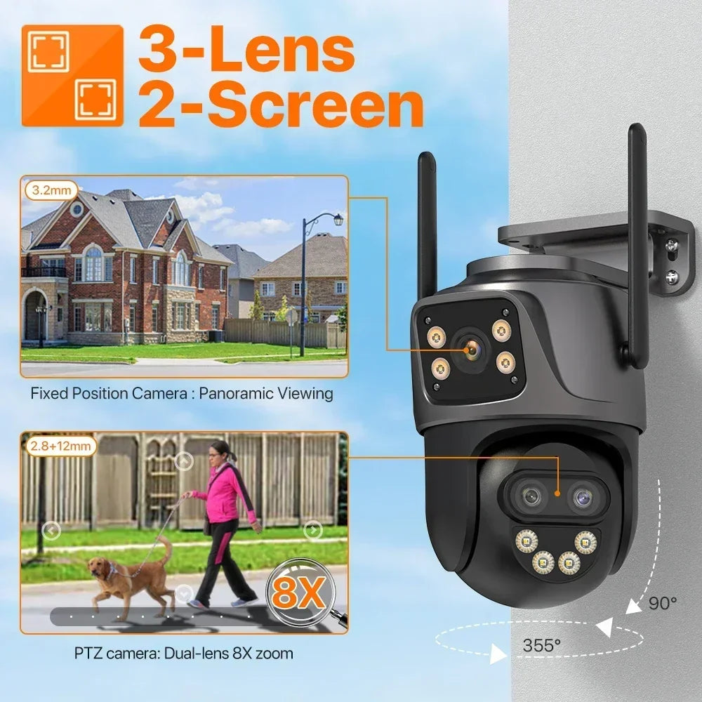 15MP HD Wifi IP Camera Outdoor 8X Zoom Three Lens Dual Screen PTZ Camera Auto Tracking Home Security CCTV Surveillance 8MP Cam