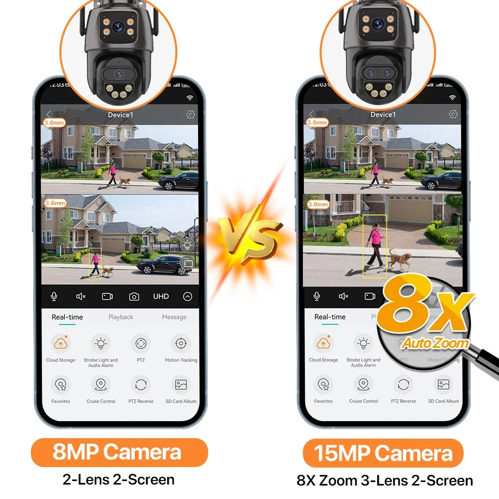 15MP HD Wifi IP Camera Outdoor 8X Zoom Three Lens Dual Screen PTZ Camera Auto Tracking Home Security CCTV Surveillance 8MP Cam