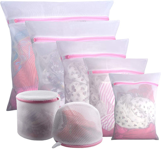 7-Piece Premium Mesh Laundry Bags Set for Delicates with Zipper, Ideal for Travel and Clothing Organization, Suitable for Bras, Hosiery, Lingerie, and Underwear, X-Large, White, Polyester Blend