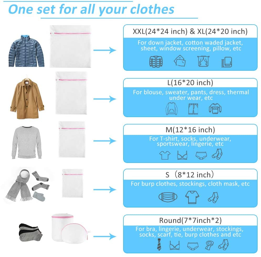 7-Piece Premium Mesh Laundry Bags Set for Delicates with Zipper, Ideal for Travel and Clothing Organization, Suitable for Bras, Hosiery, Lingerie, and Underwear, X-Large, White, Polyester Blend