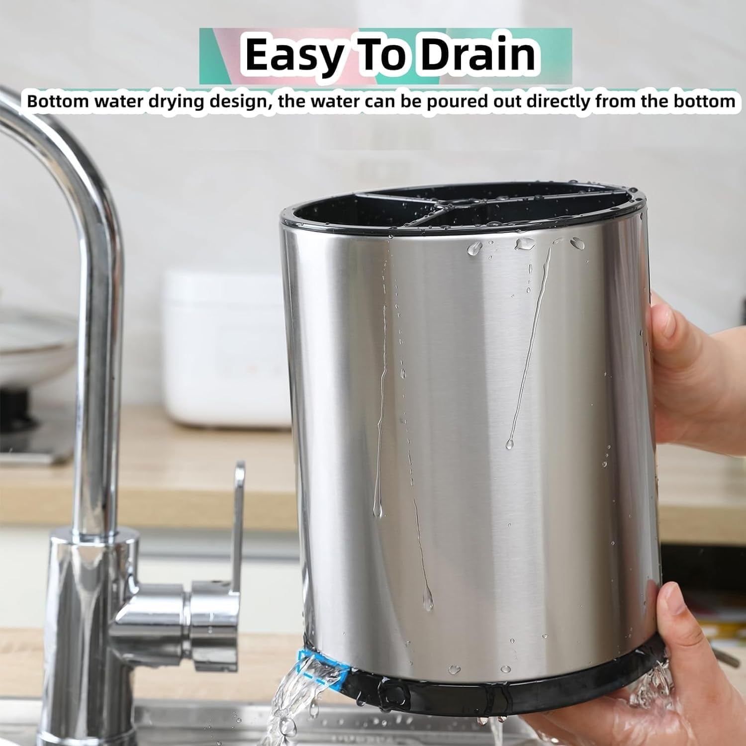 Extra Large 360° Rotating Kitchen Utensil Holder - Stainless Steel Counter Organizer with 3 Compartments for Cooking Utensils and Flatware (Silver)