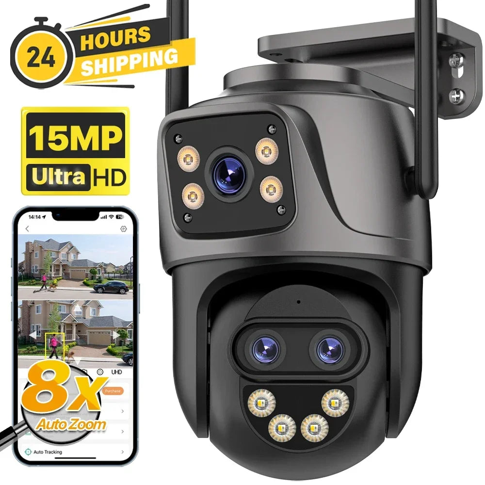 15MP HD Wifi IP Camera Outdoor 8X Zoom Three Lens Dual Screen PTZ Camera Auto Tracking Home Security CCTV Surveillance 8MP Cam