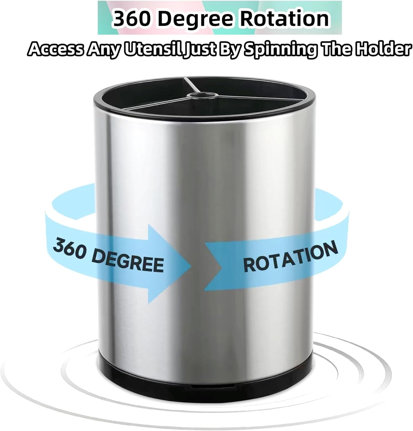 Extra Large 360° Rotating Kitchen Utensil Holder - Stainless Steel Counter Organizer with 3 Compartments for Cooking Utensils and Flatware (Silver)