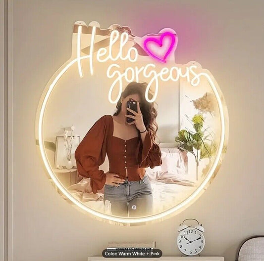 Hello Gorgeous Neon Sign LED Light Wall Mirror Home Decor Selfie Beauty 