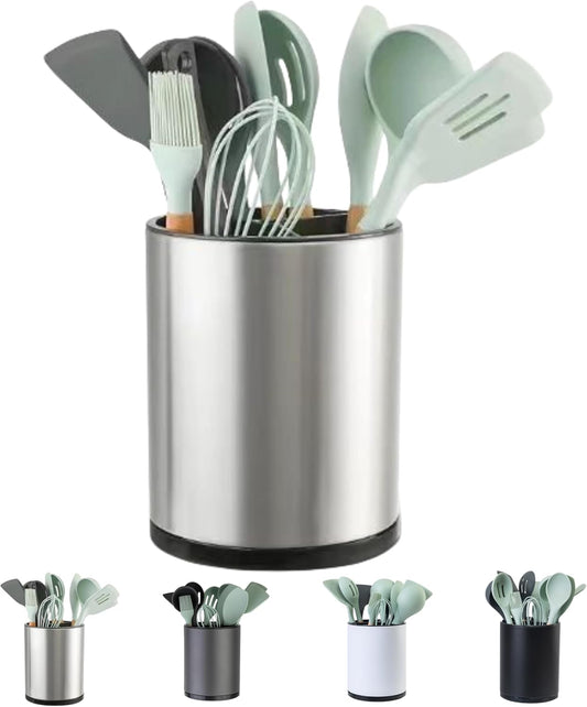 Extra Large 360° Rotating Kitchen Utensil Holder - Stainless Steel Counter Organizer with 3 Compartments for Cooking Utensils and Flatware (Silver)