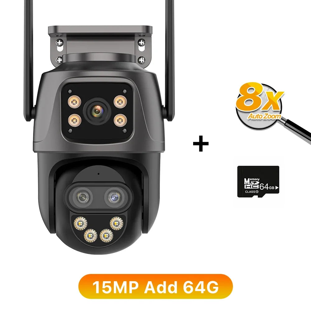15MP HD Wifi IP Camera Outdoor 8X Zoom Three Lens Dual Screen PTZ Camera Auto Tracking Home Security CCTV Surveillance 8MP Cam