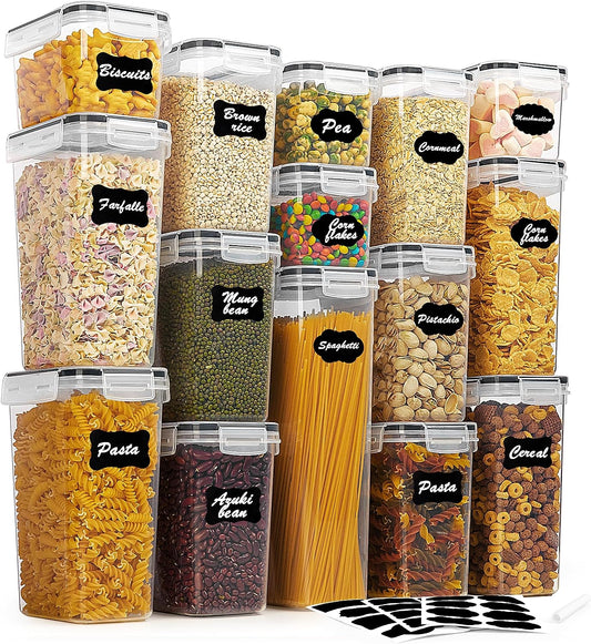 15-Piece Airtight Food Storage Container Set with Lids, BPA-Free Plastic Canisters for Kitchen Pantry Organization, Dishwasher Safe, Includes 24 Labels